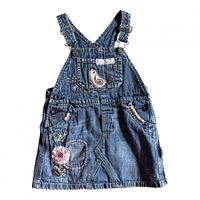 Front view showing entire jumper dress with bird embroidery, pockets and straps
