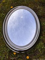 Full view of oval brushed chrome wall mirror front