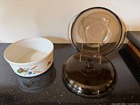 Overall view of both cookware pieces: Apilco baker and Pyrex casserole with lid