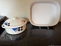 Both casserole and baking dish on countertop