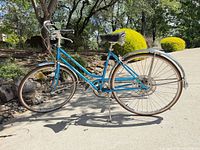 Full left-side view of blue Schwinn cruiser showing frame, wheels, chrome fenders, kickstand