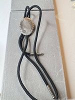 Full bolo tie laid out showing cord, slide and tips