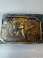 Front of brass belt buckle showing wildlife scene