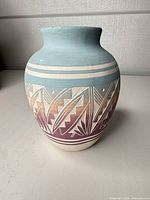 Full view of ceramic vase showing colors and geometric design