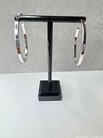 Front view of pair of silver-tone hoop earrings on stand