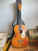 Full view of guitar in front of case