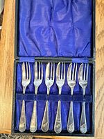 Open case showing six silver-plated forks in blue-lined interior
