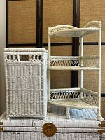 Front view of trunk, corner étagère, and hamper basket