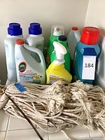 Group of detergent, stain remover, spray cleaner bottles and cotton mop head
