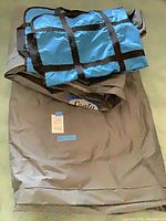 Deflated Sealy air mattress and blue carry bag displayed