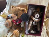 Both teddy bears with tape measure showing size and Steiff bear in box