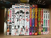 Shelf view of manga spines for identification
