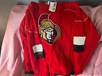 Front view of red Ottawa Senators hoodie with logo and sleeve accents