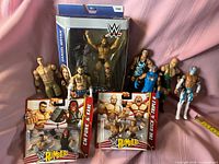 Assortment showing boxed Daniel Bryan figure, ten loose full-size figures, and two sealed Rumblers packs