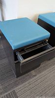 Cabinet with top drawer open showing organizer and blue cushion