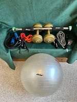 Group shot of all fitness items: dumbbells, skipping ropes, pump accessories and stability ball