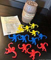 complete set showing barrel, monkeys, instructions