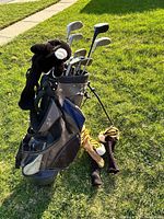 Full view of stand bag, clubs, and headcovers on grass