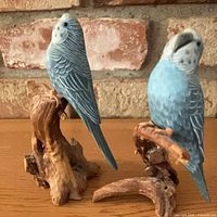 Front angled view of both blue budgie figurines on driftwood bases