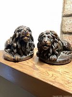 pair of wooden bronze-tone lying lion statues on shelf