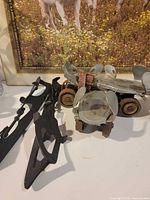 Full view of roller skates and ice skate blades