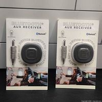 Front view of two sealed Bluetooth AUX receiver boxes