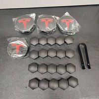 Full set laid out: 4 logo caps, 20 lug nut covers, removal tool