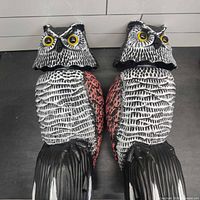 Front view of two plastic owl decoys standing upright
