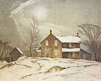 Full view of original painting reference image showing farmhouse in snow