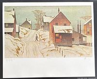 Full view of unframed lithograph showing winter village scene with wide white margin