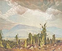 Close-up of full artwork showing mountain landscape and foreground foliage