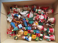 Box containing assorted small painted wood Christmas ornaments