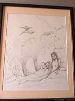 Full view of framed mermaid pencil drawing showing artwork, mat and frame