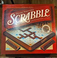 Front of original box displaying Scrabble Deluxe Turntable edition