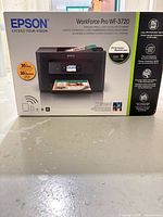 Front view of Epson WF-3720 printer box showing model and features