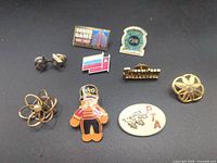 All nine pins and brooches laid out on black background