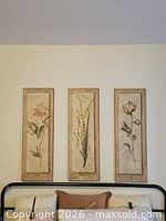Overall view of the three framed floral prints mounted on wall
