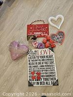 Group shot showing all five heart-themed items