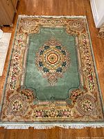 Full view of rug showing overall design, colors and fringe