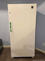 Front view of white General Electric upright freezer