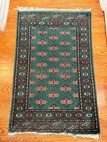Full view of green Bokhara rug showing entire design and fringe