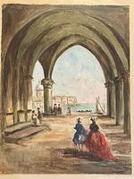 Full view of watercolor under Gothic arches scene
