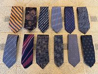 Group view of all 12 patterned silk ties