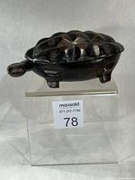 Side view of carved mahogany turtle box