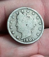 Obverse of 1901 Liberty Head V Nickel showing date and Liberty head