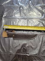 Full view of brown tooled leather knife sheath with measuring tape showing length