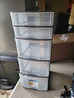 Full view of 5-drawer clear and black plastic organizer
