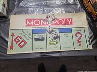 Top view of unfolded Monopoly board showing vintage design, discoloration and wear