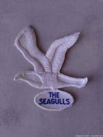 Full view of white seagull patch with blue text
