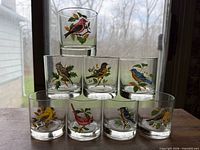 Stack of 7 of the 8 vintage bird glasses showing multiple bird designs